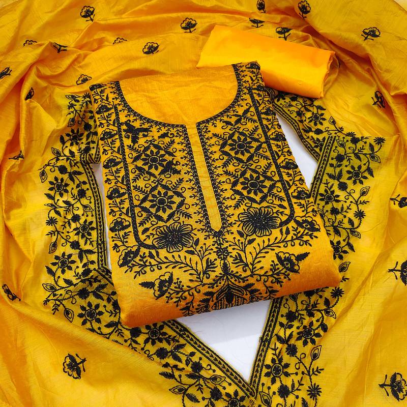 Yellow embroidered cotton semi stitched churidar dress-materials