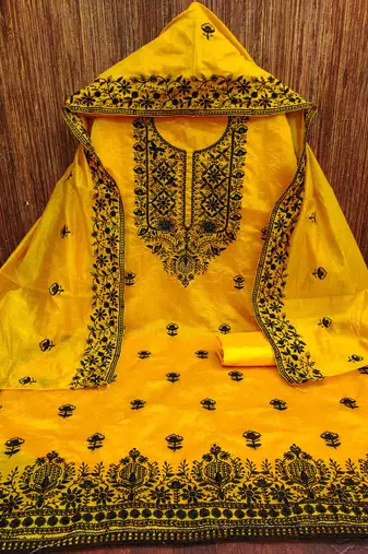Yellow embroidered cotton churidar dress-materials