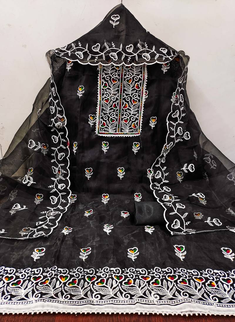 Black embroidered organza semi stitched churidar dress-materials