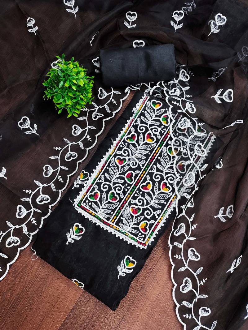 Black embroidered organza semi stitched churidar dress-materials