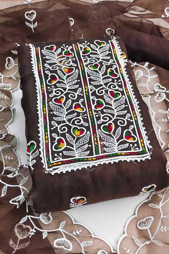 Brown embroidered organza semi stitched churidar dress-materials