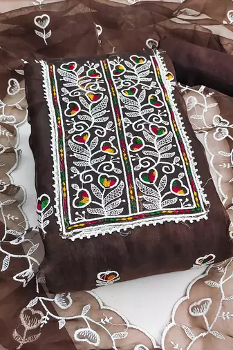 Brown embroidered organza semi stitched churidar dress-materials