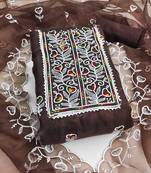 Brown embroidered organza semi stitched churidar dress-materials