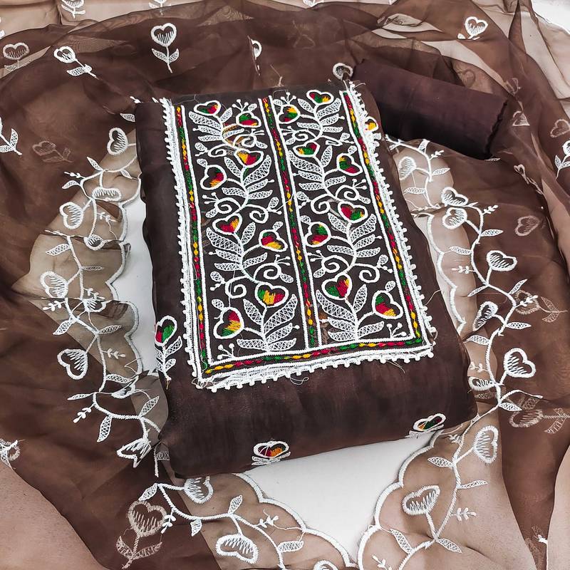Brown embroidered organza semi stitched churidar dress-materials
