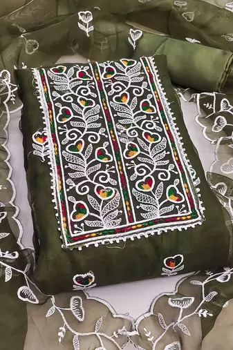 Mehendi embroidered organza semi stitched churidar dress-materials