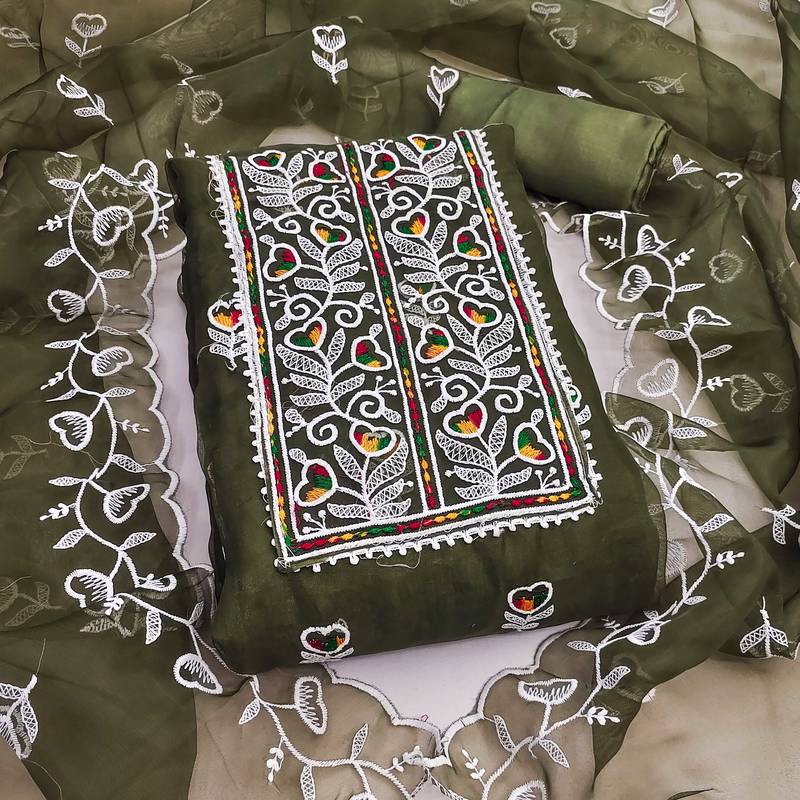 Mehendi embroidered organza semi stitched churidar dress-materials