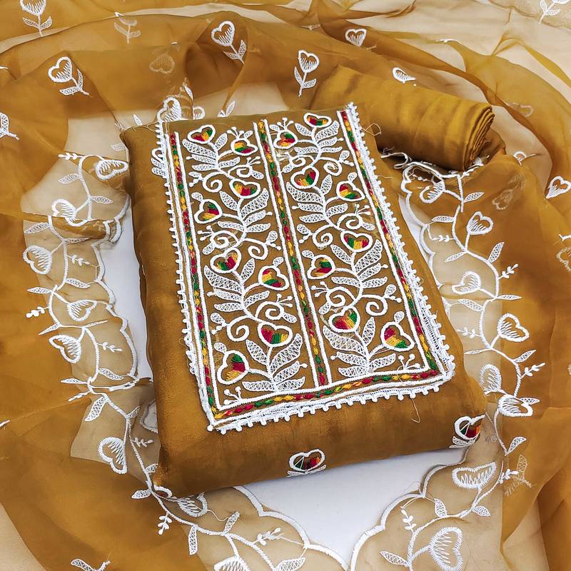 Mustard embroidered organza semi stitched churidar dress-materials