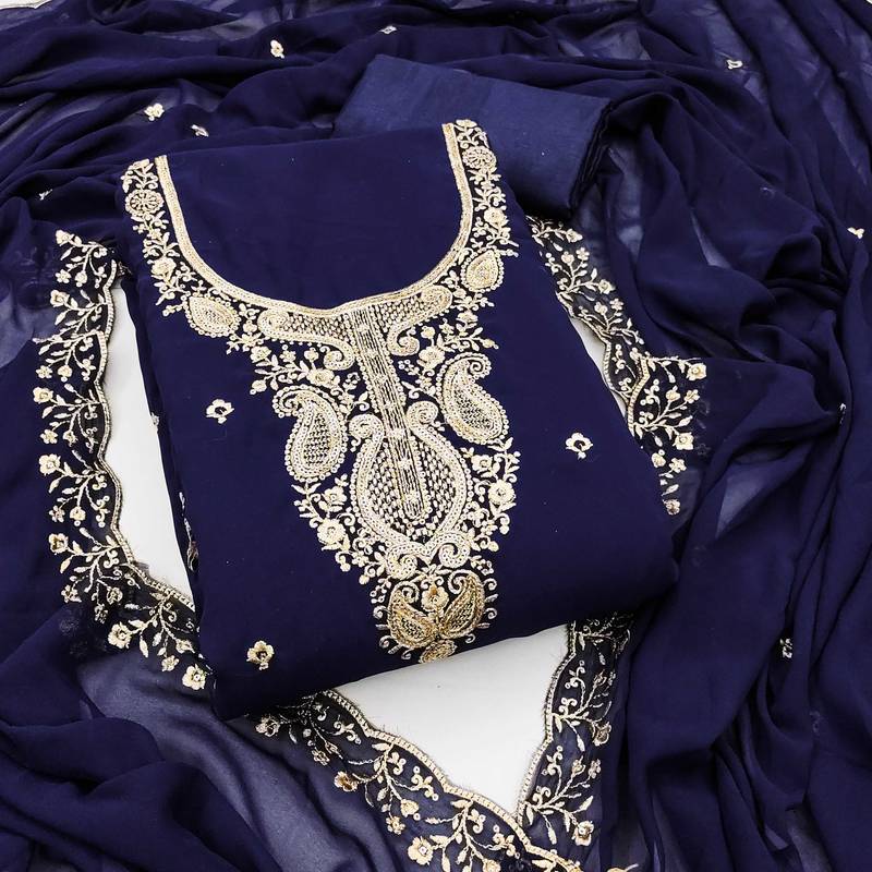 Blue embroidered georgette semi stitched churidar dress-materials