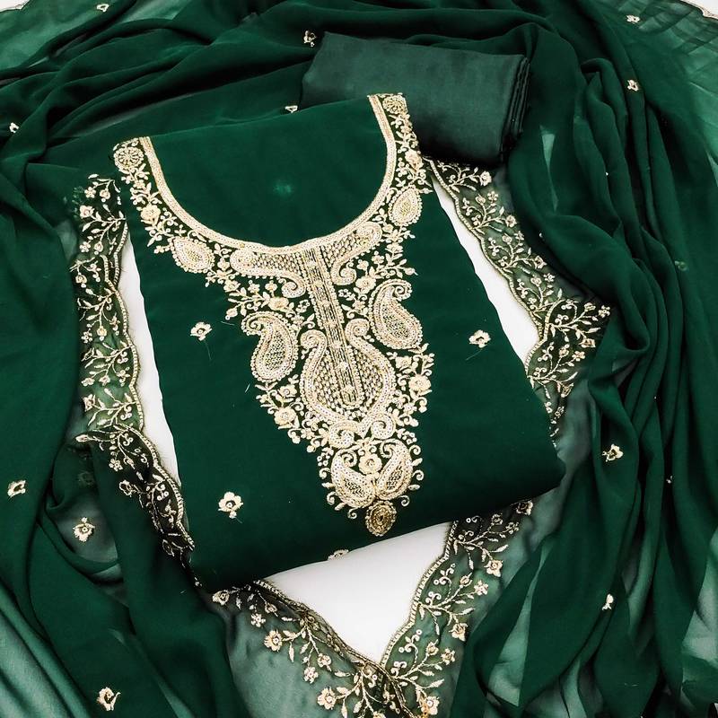 Green embroidered georgette semi stitched churidar dress-materials