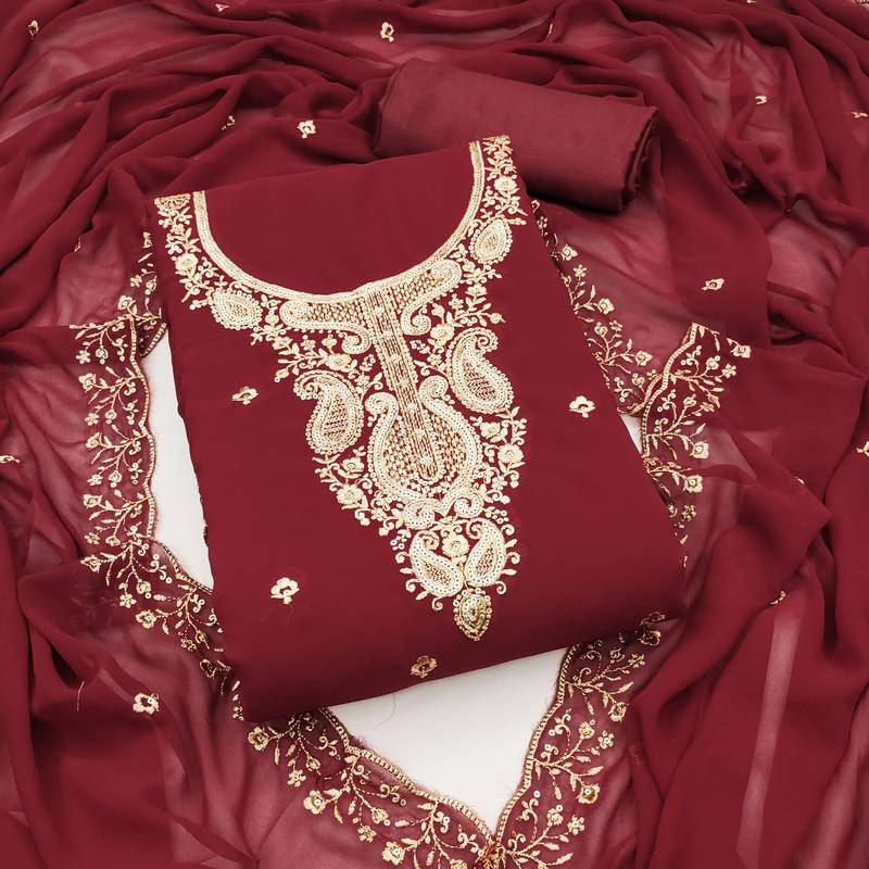 Maroon embroidered georgette semi stitched churidar dress-materials