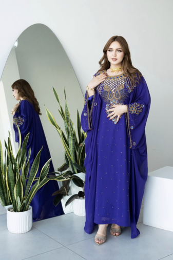 Blue Heavy Embroidered Moroccan Style Kaftan Abaya for Women – Luxury Party Wear