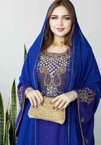 Blue Heavy Embroidered Moroccan Style Kaftan Abaya for Women – Luxury Party Wear