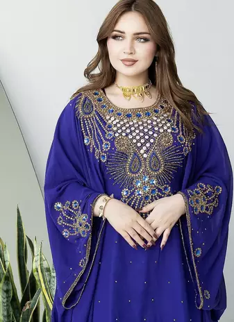Blue Heavy Embroidered Moroccan Style Kaftan Abaya for Women – Luxury Party Wear
