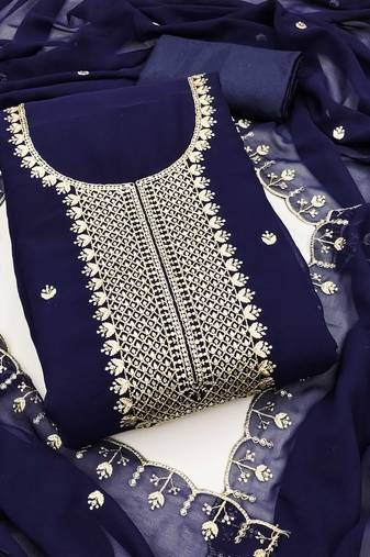Blue embroidered georgette semi stitched churidar dress-materials