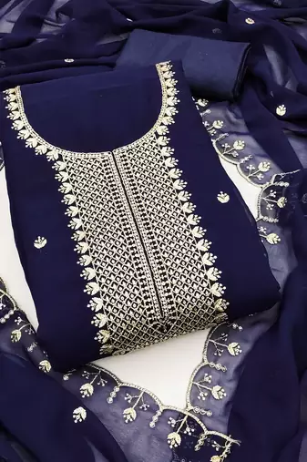 Blue embroidered georgette semi stitched churidar dress-materials