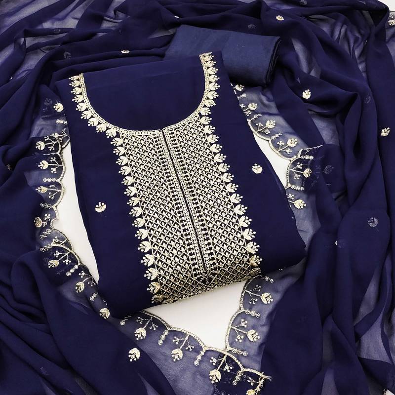 Blue embroidered georgette semi stitched churidar dress-materials