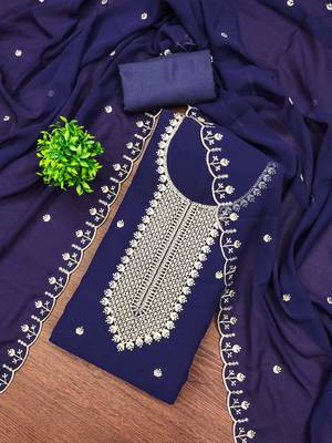 Blue embroidered georgette churidar dress-materials 3