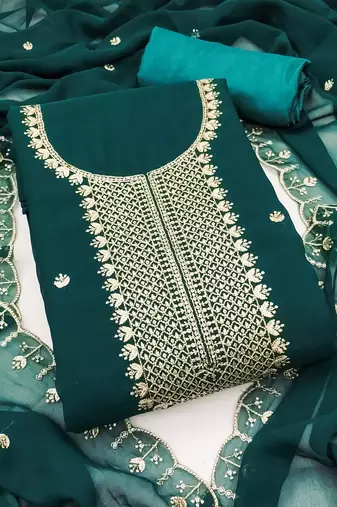 Green embroidered georgette semi stitched churidar dress-materials