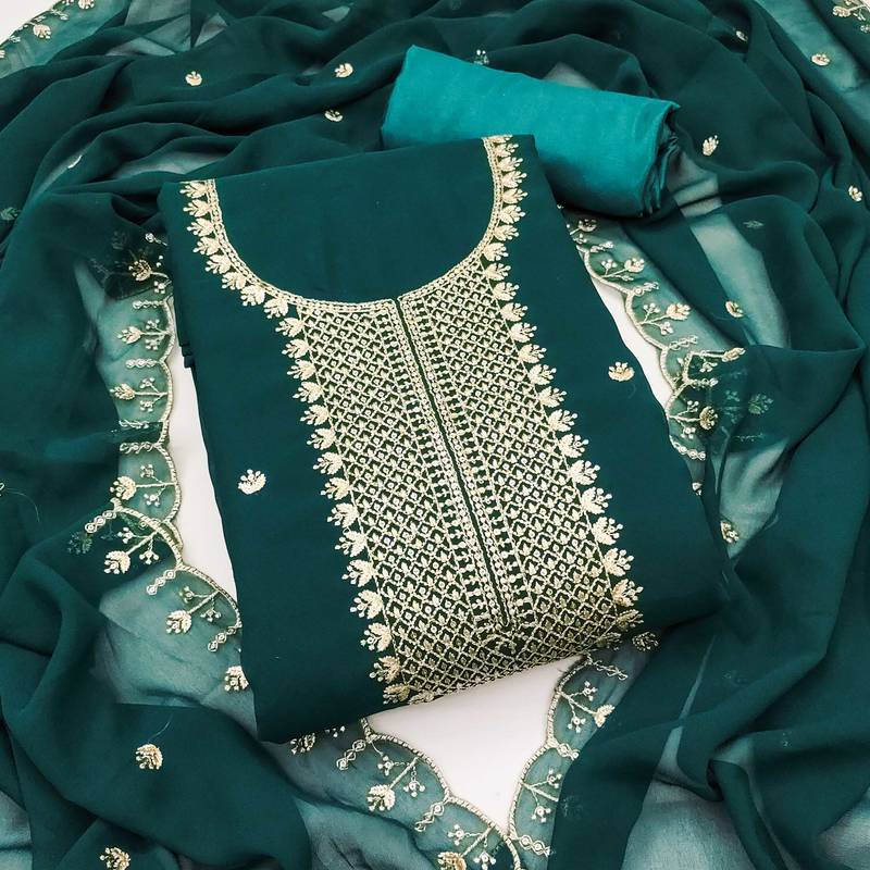 Green embroidered georgette semi stitched churidar dress-materials