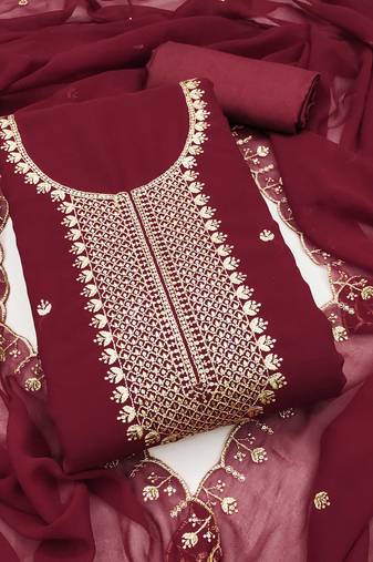 Maroon embroidered georgette semi stitched churidar dress-materials