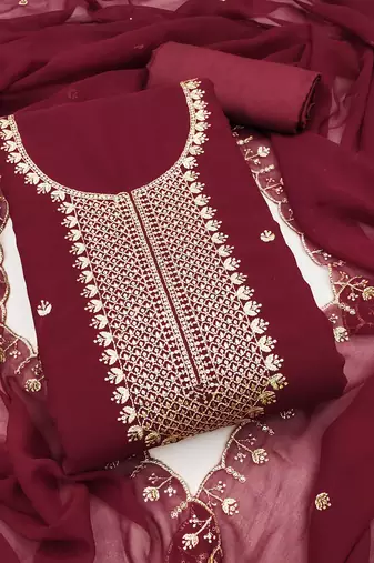 Maroon embroidered georgette semi stitched churidar dress-materials