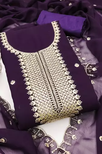 Purple embroidered georgette semi stitched churidar dress-materials