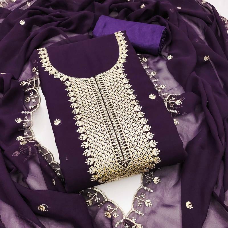 Purple embroidered georgette semi stitched churidar dress-materials
