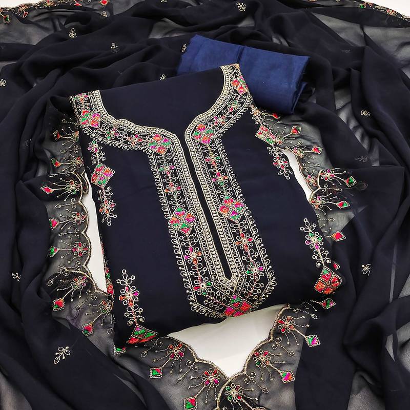 Blue embroidered georgette semi stitched churidar dress-materials