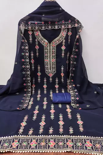 Blue embroidered georgette churidar dress-materials