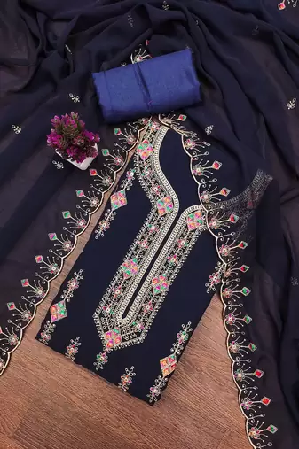 Blue embroidered georgette churidar dress-materials