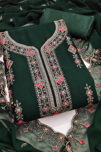 Green embroidered georgette semi stitched churidar dress-materials