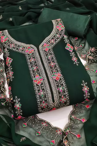 Green embroidered georgette semi stitched churidar dress-materials