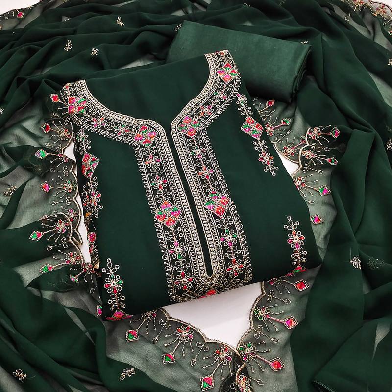 Green embroidered georgette semi stitched churidar dress-materials