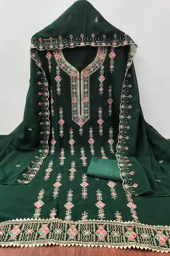 Green embroidered georgette churidar dress-materials
