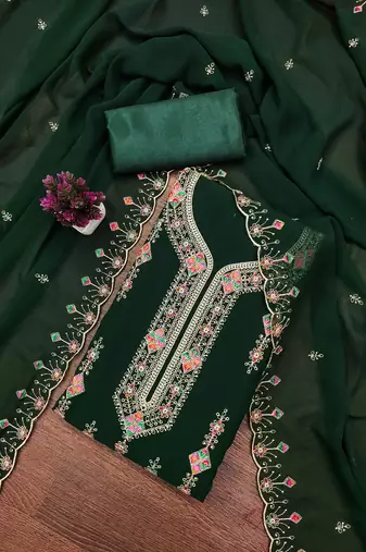 Green embroidered georgette churidar dress-materials