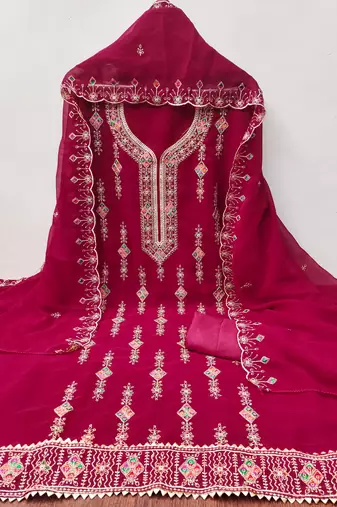 Pink embroidered georgette churidar dress-materials