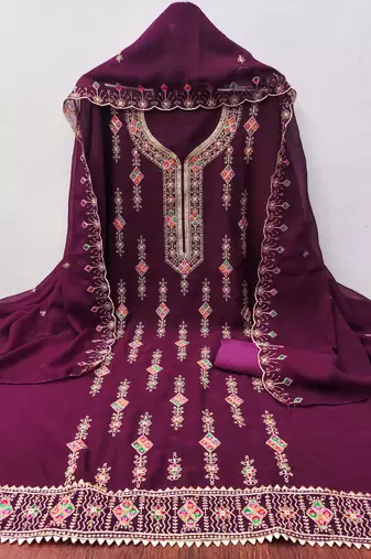 Purple embroidered georgette churidar dress-materials