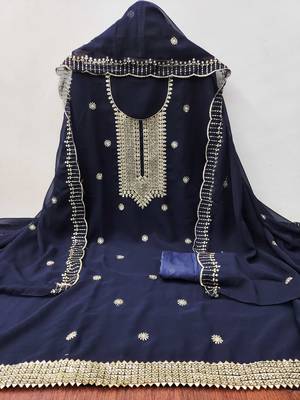 Blue embroidered georgette semi stitched churidar dress-materials 2