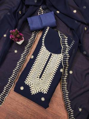 Blue embroidered georgette semi stitched churidar dress-materials 3