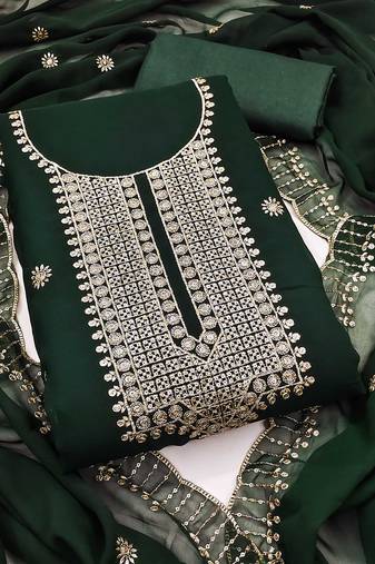Green embroidered georgette semi stitched churidar dress-materials