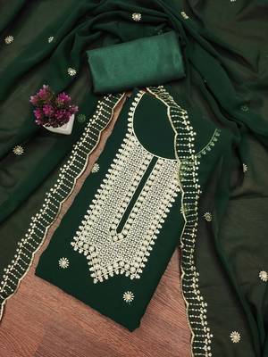 Green embroidered georgette semi stitched churidar dress-materials 3