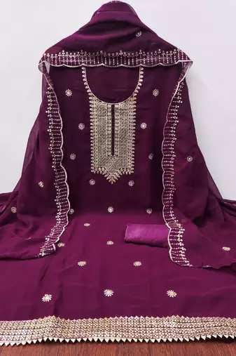 Purple embroidered georgette semi stitched churidar dress-materials