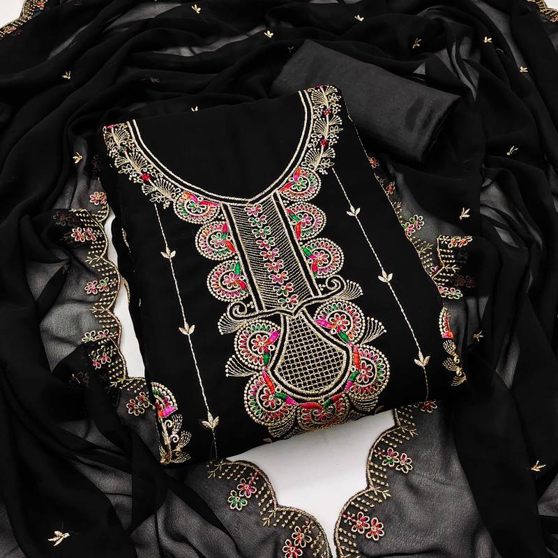 Black embroidered georgette semi stitched churidar dress-materials