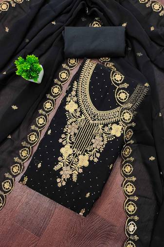 Black embroidered georgette semi stitched churidar dress-materials