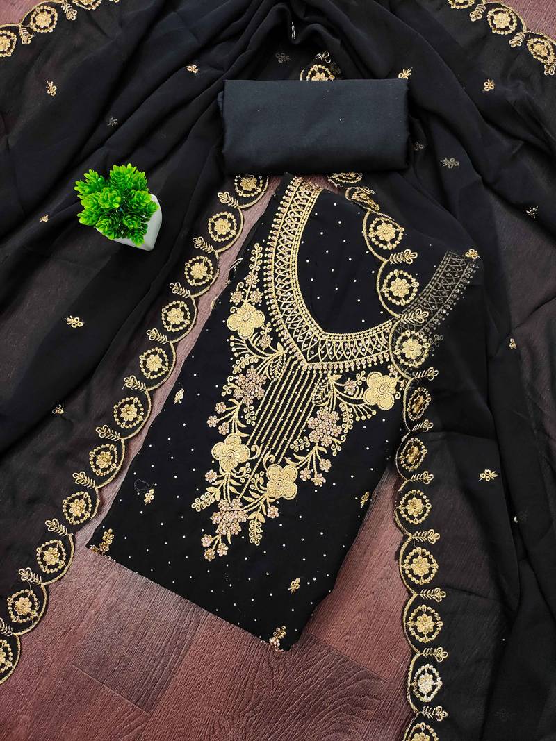Black embroidered georgette semi stitched churidar dress-materials