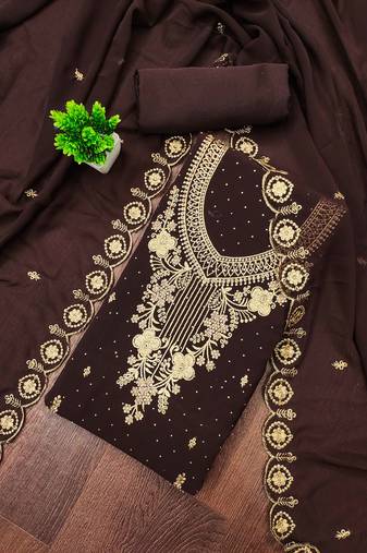Brown embroidered georgette semi stitched churidar dress-materials