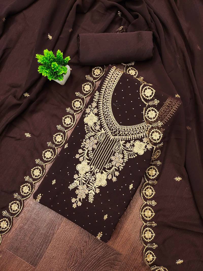 Brown embroidered georgette semi stitched churidar dress-materials