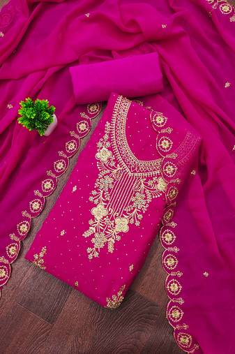 Magenta embroidered georgette semi stitched churidar dress-materials