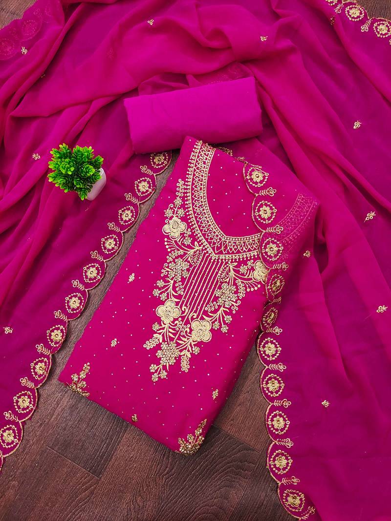 Magenta embroidered georgette semi stitched churidar dress-materials