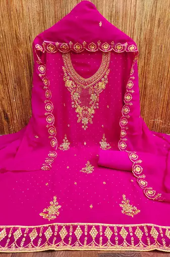 Magenta embroidered georgette churidar dress-materials